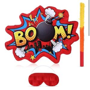 BOOM! Red Piñata Set with Blindfold and Bat